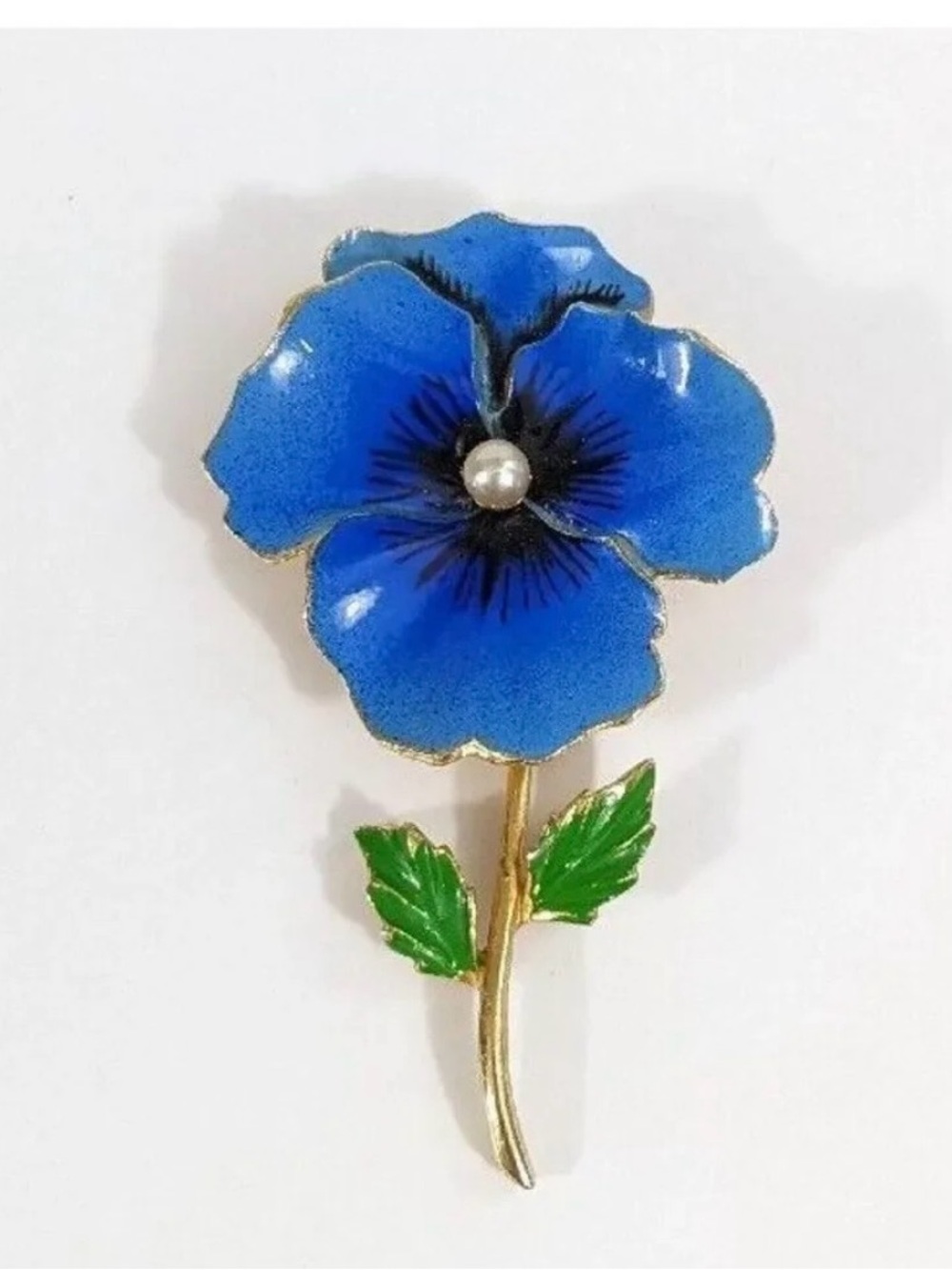 Blue Pansy Flower Shaped Brooch - Enamel And Gold Toned Vtg